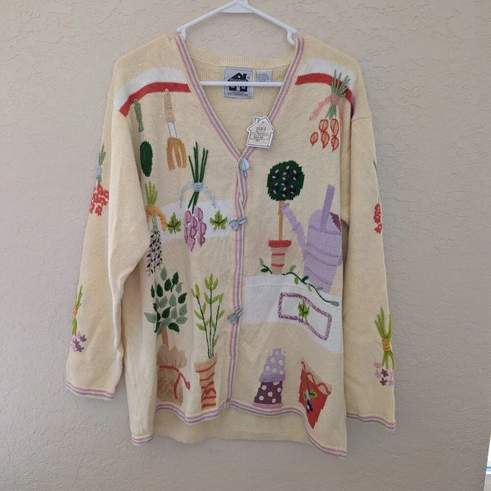 Vintage Story Book Knits Garden Spring Butter Yellow Cardigan Size L NWT - Picture 2 of 9